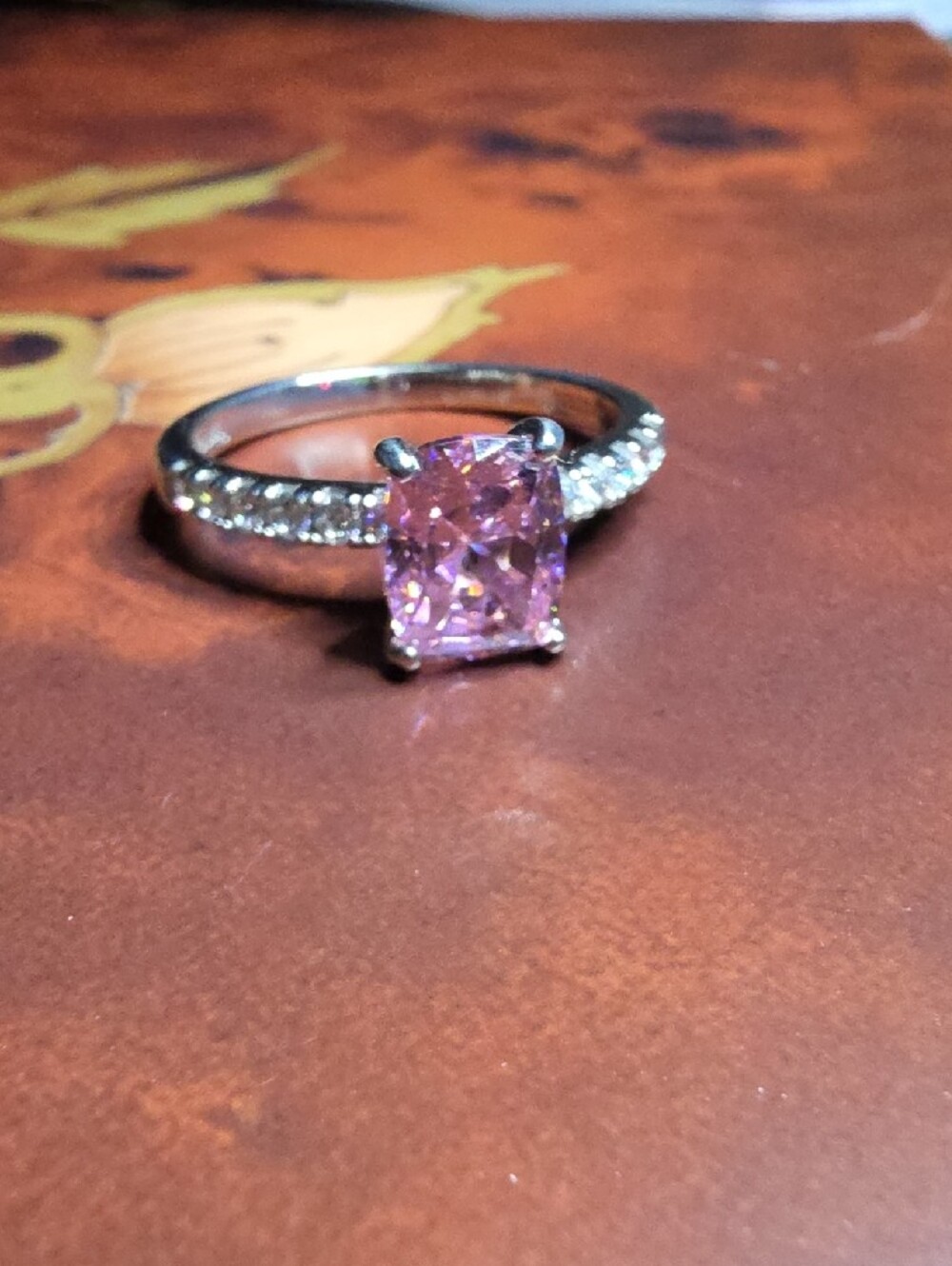 Diamonique CZ Pink Solitaire With White CZ Silver Ring Size 10